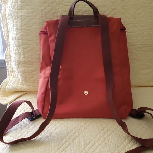 Longchamp Small Red Nylon Le Pliage Backpack with Brown Trim